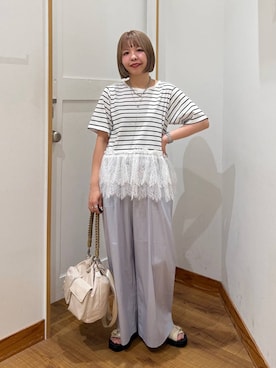 「GLOBAL WORK（グローバルワーク）のコットンナイロンパンツ/636583（その他パンツ、グレー系）」を使った、ミカミさん（レディース）の夏コーディネート
