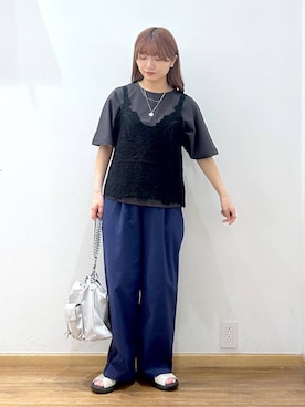 「GLOBAL WORK（グローバルワーク）のイージーケアリネンストレートパンツ/600994（その他パンツ、ブルー系）」を使った、Hikaruさんの夏コーディネート