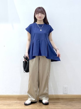 「GLOBAL WORK（グローバルワーク）のひんやり涼しい/フローズン切り替えペプラム/647529（Tシャツ/カットソー、ブルー系）」を使った、Hikaruさんの夏コーディネート