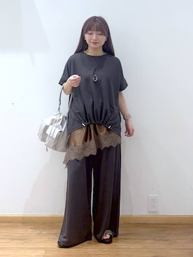 「GLOBAL WORK（グローバルワーク）のリネンライク裾ドロスト半袖/636812（Tシャツ/カットソー、グレー系）」を使った、Hikaruさんの夏コーディネート