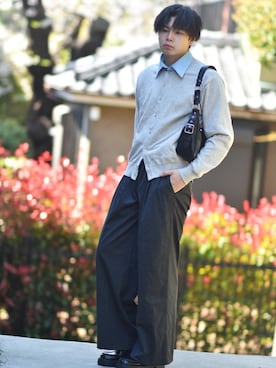 「WYM LIDNM（ウィム バイ リドム）のT/C CREW COMPACT CARDIGAN（カーディガン/ボレロ、グレー系）」を使った、来夢⠀さん（メンズ・180cm）の春コーディネート