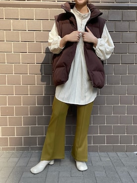 「アイテム（ダウンベスト、ブラウン系）」を使った、r.さん（レディース・162cm）の冬コーディネート