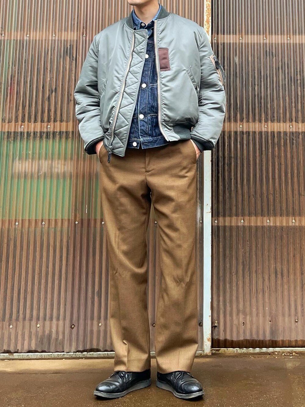 「Buzz Rickson'sのアイテム（MA-1、グリーン系）」を使った、iamimaichさん（メンズ・177cm）の冬コーディネートの1枚目の写真