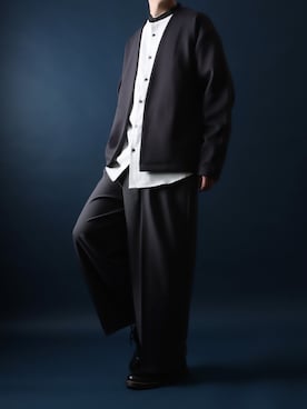 「ワイドスラックス」｜「アイテム（ノーカラージャケット）」を使った、Rinanさん（メンズ・178cm）の春コーディネート