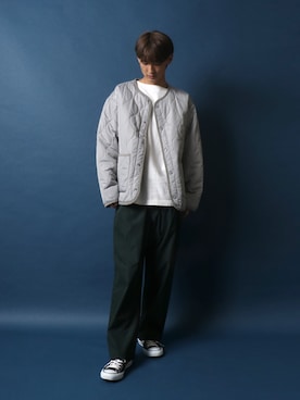 「バスクシャツ」｜「アイテム（ノーカラージャケット）」を使った、Rinanさん（メンズ・178cm）の冬コーディネート