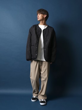 「バスクシャツ」｜「アイテム（ノーカラージャケット）」を使った、Rinanさん（メンズ・178cm）の秋コーディネート