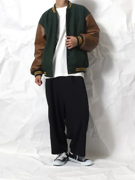 「バスクシャツ」｜「アイテム（スタジャン）」を使った、Rinanさん（メンズ・178cm）の冬コーディネート