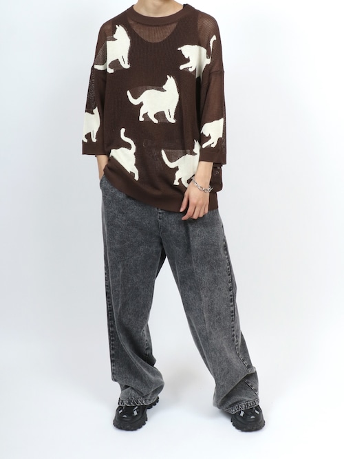 セール】Allover Pattern Big Cat Openwork Knitting Summer