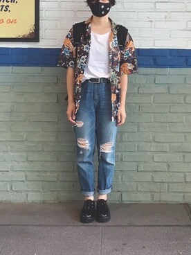 「H&M（エイチ・アンド・エム）のアイテム（シャツ/ブラウス、その他）」を使った、tamaさん（158cm）の秋コーディネート