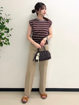 「N.（N. Natural Beauty Basic）（エヌエヌナチュラルビューティーベーシック）のランダムボーダートップス（Tシャツ/カットソー、ブラウン系）」を使った、ayachanbb_8さん（レディース・159cm）の夏コーディネート