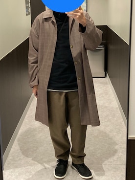 「ラップパンツ」｜「アイテム（ステンカラーコート）」を使った、あめあられさん（メンズ・171cm）の冬コーディネート