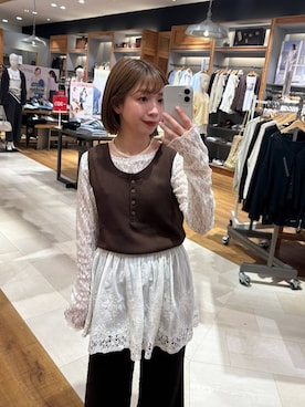 「GLOBAL WORK（グローバルワーク）のストレッチ総レースプルオーバー長袖/580886（Tシャツ/カットソー、ホワイト系）」を使った、ありちゃんさん（レディース・149cm）の春コーディネート