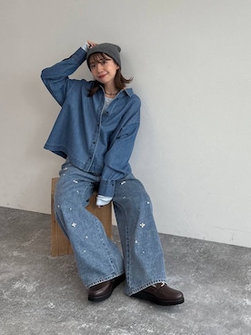 「GLOBAL WORK（グローバルワーク）のサラサラヘンリーネック長袖プルオーバー/1017895（Tシャツ/カットソー、ブルー系）」を使った、ありちゃんさん（レディース・149cm）の秋コーディネート