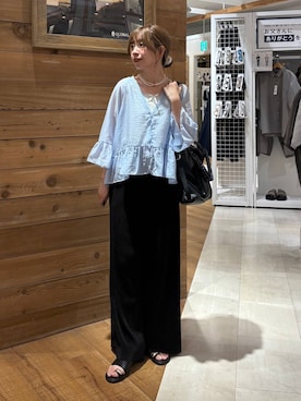 「GLOBAL WORK（グローバルワーク）のセルフカットプリーツパンツ/638599（その他パンツ、ブラック系）」を使った、ありちゃんさん（レディース・149cm）の夏コーディネート