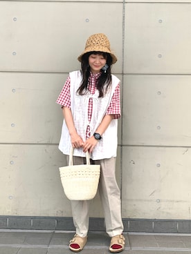 「センタープレスパンツ」｜「アイテム（帽子）」を使った、Ayaさん（レディース・153cm）の春コーディネート