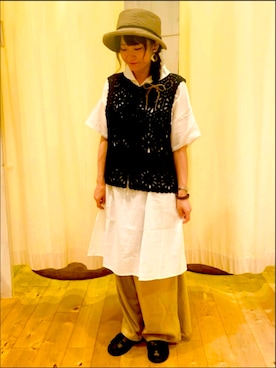 「Samansa Mos2（サマンサ モスモス）の【クールコットン】柄アソートスキッパーチュニック（シャツ/ブラウス）」を使った、Ayaさん（レディース・153cm）の夏コーディネート