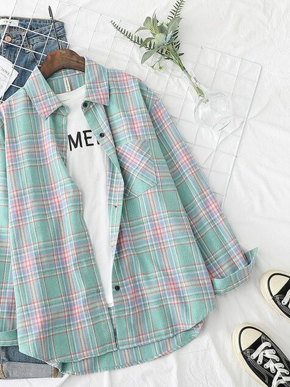 「秋コーデ、オトナカジュアル、シンプル、きれいめカジュアル、GAP」｜「GAPのチェック柄 半袖シャツ (幼児)（シャツ/ブラウス、ブルー系）」を使った、noriko さん（レディース・163cm）の秋コーディネートの1枚目の写真