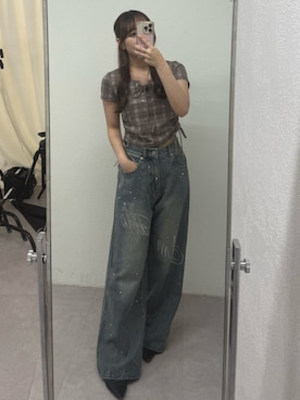 「continuer de NICE CLAUP（コンティニューデナイスクラップ）のトレンドを詰め込んだ、半袖リブトップス（Tシャツ/カットソー、ブラウン系）」を使った、ちぴさん（レディース・158cm）の夏コーディネート