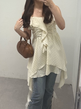 「continuer de NICE CLAUP（コンティニューデナイスクラップ）のくらげフリルキャミチュニック（シャツ/ブラウス、ホワイト系）」を使った、ちぴさん（レディース・158cm）の夏コーディネート