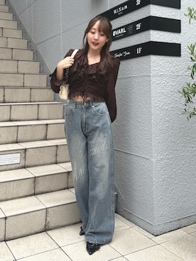 「continuer de NICE CLAUP（コンティニューデナイスクラップ）のキラキラロゴバギーデニムパンツ（デニムパンツ、その他）」を使った、ちぴさん（レディース・158cm）の夏コーディネート
