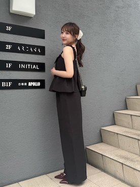 「continuer de NICE CLAUP(コンティニューデナイスクラップ)のリボン付サロペ風SET(その他パンツ、ブラック系)」を使った、ちぴさん(レディース・158cm)の夏コーディネート