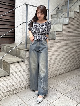 「continuer de NICE CLAUP(コンティニューデナイスクラップ)のプリーツリボン付半袖ブラウス(シャツ/ブラウス、ブルー系)」を使った、ちぴさん(レディース・158cm)の春コーディネート