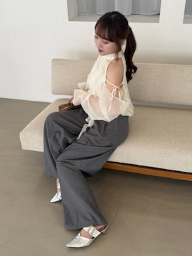 「continuer de NICE CLAUP（コンティニューデナイスクラップ）のラッフルフリルアメスリブラウス（シャツ/ブラウス、ホワイト系）」を使った、ちぴさん（レディース・158cm）の夏コーディネート