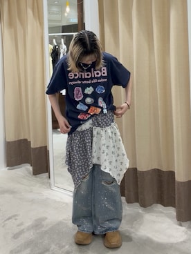 「CIAOPANIC（チャオパニック）のモチーフコレクションTee（Tシャツ/カットソー、ブルー系）」を使った、小笠原聖梨那さん（レディース・160cm）の夏コーディネート