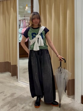 「CIAOPANIC（チャオパニック）の袖レースナンバリングボーダーラグランTee（Tシャツ/カットソー、ブルー系）」を使った、小笠原聖梨那さん（レディース・160cm）の夏コーディネート