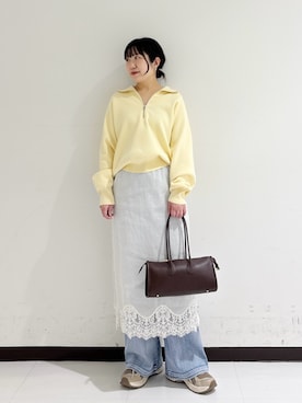 「URBAN RESEARCH（アーバンリサーチ）のハーフジップスウェットニット（スウェット、イエロー系）」を使った、mamiさん（レディース・150cm）の春コーディネート