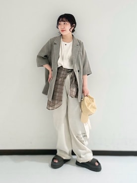 「URBAN RESEARCH（アーバンリサーチ）のシアーメッシュハーフスリーブジャケット（テーラードジャケット、ベージュ系）」を使った、mamiさん（レディース・150cm）の春コーディネート