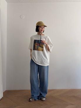「CANAL JEAN（キャナルジーン）のLakey Park　bath time dog Tシャツ（Tシャツ/カットソー、ホワイト系）」を使った、ERICAさん（レディース・160cm）の夏コーディネート