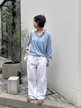 「CANAL JEAN（キャナルジーン）のEl mar　ハイゲージポロニット（ニット/セーター、ブルー系）」を使った、ERICAさん（レディース・160cm）の夏コーディネート