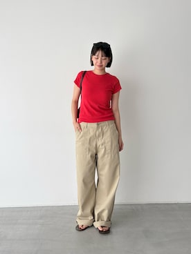 「CANAL JEAN（キャナルジーン）のbebyyou　クールリブTシャツ（Tシャツ/カットソー、レッド系）」を使った、ERICAさん（レディース・160cm）の夏コーディネート