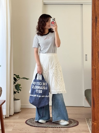 「FREAK'S STORE(フリークスストア)のPETIT BATEAU × FREAK'S STORE/プチバトー 別注 ミニロゴTシャツ(Tシャツ/カットソー)」を使った、木村 星南(せな)さん(レディース・162cm)の夏コーディネート