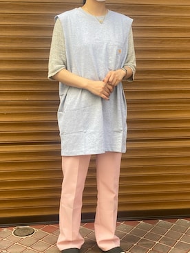 「Carhartt（カーハート）のCarhartt/カーハート Relaxed Fit Heavyweight Sleeveless Pocket T-Shirt タンクトップ（タンクトップ、グレー系）」を使った、yuriさん（レディース・160cm）の夏コーディネート