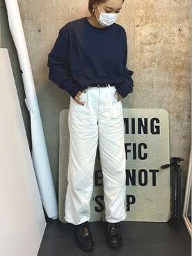 「Champion（チャンピオン）の【Champion Authentic T-SHIRTS】 レディース チャンピオン スーパーオーバーサイズ コットン L/S Tシャツ（Tシャツ/カットソー、ブルー系）」を使った、yuriさん（レディース・160cm）の秋コーディネート