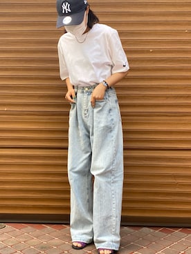 「NIKE（ナイキ）のNIKE/ナイキ CORE CTTN TEE 無地 半袖Tシャツ（Tシャツ/カットソー、ホワイト系）」を使った、yuriさん（レディース・160cm）の夏コーディネート