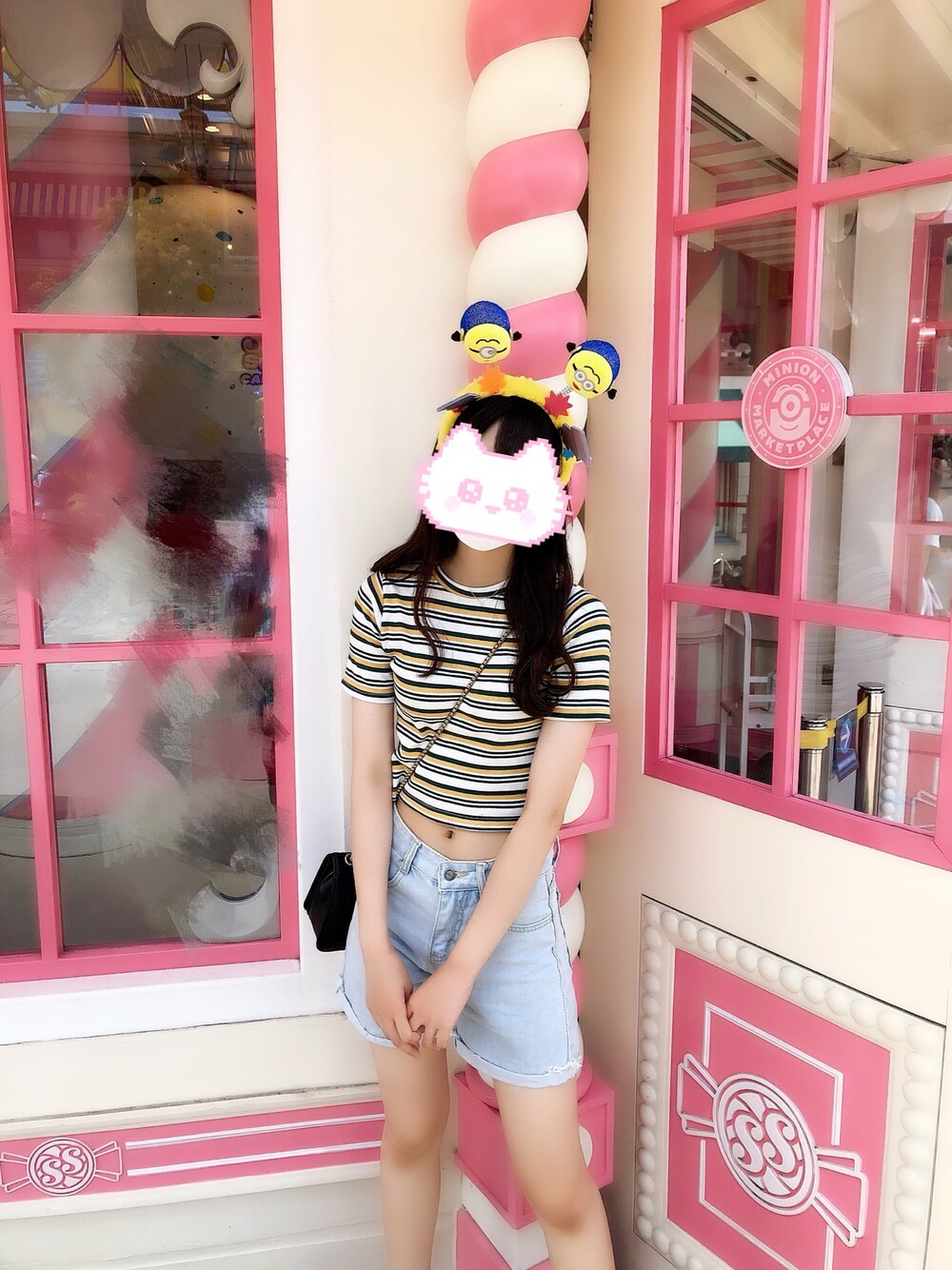 「ユニバーサルスタジオジャパン、ユニバコーデ、ユニバ、USJ、USJコーデ、ミニオン、夏コーデ、ootd、プチプラコーデ、チビニット」｜「GRLのアイテム（ショルダーバッグ、ブラック系）」を使った、ぴのこさん（レディース・164cm）の夏コーディネートの1枚目の写真