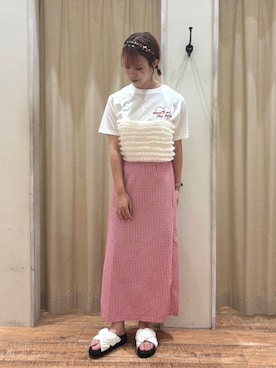 「ehka sopo（エヘカソポ）のくしゅくしゅギンガム厚底サンダル（サンダル）」を使った、まよねーずさん（レディース・164cm）の夏コーディネート