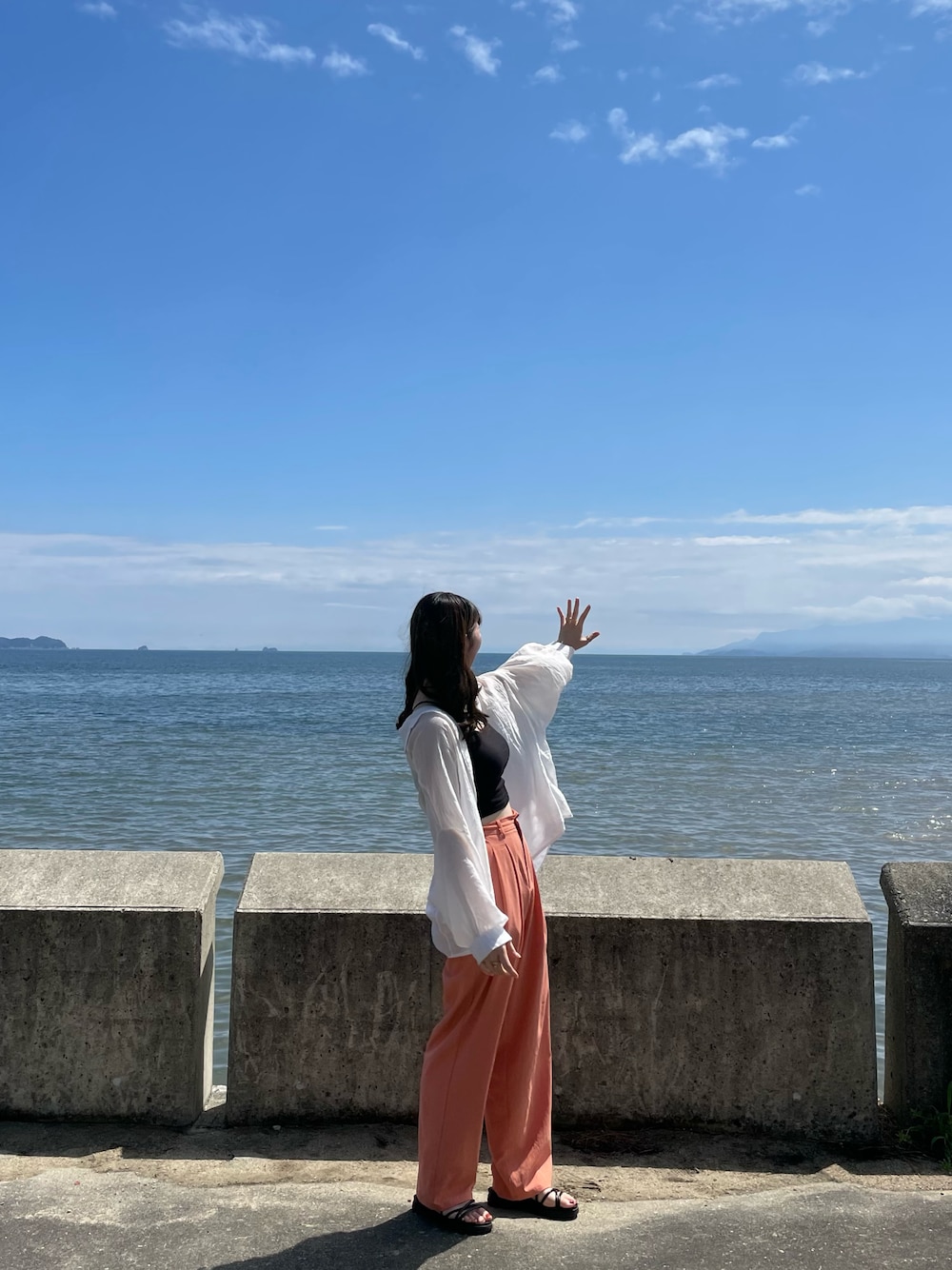「大人女子、パンツコーデ、カラーコーデ、大人可愛い、ホワイト、おしゃれさんと繋がりたい、オレンジ、夏コーデ、summer」｜「GUのアイテム（キャミソール、ブラック系）」を使った、wakanaさん（レディース・163cm）の春コーディネートの1枚目の写真