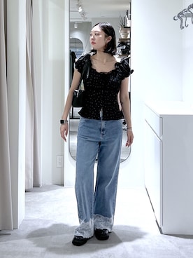 「FREE'S MART（フリーズマート）の◆フレンチスリーブジャガードカットソー（Tシャツ/カットソー、ブラック系）」を使った、MAIさん（レディース・157cm）の夏コーディネート