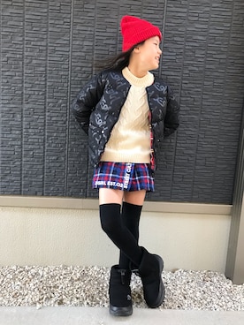 「チェック柄に恋してる」｜「アイテム（ブルゾン）」を使った、kanaさん（キッズ・145cm）の冬コーディネート