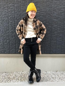 「チェック柄に恋してる」｜「アイテム（ニットキャップ/ビーニー）」を使った、kanaさん（キッズ・142cm）の冬コーディネート