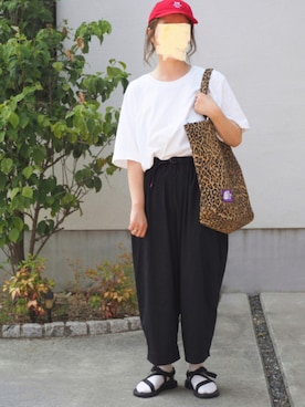「UNIQLO（ユニクロ）のクロップドクルーネックＴ（半袖）（Tシャツ/カットソー）」を使った、haruaya77さん（レディース・154cm）の夏コーディネート