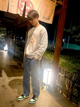 「エアジョーダン1」｜「アイテム（スウェット）」を使った、モン吉さん（メンズ・178cm）の春コーディネート