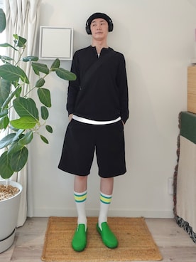 「アイテム（スリッポン、グリーン系）」を使った、kimamaniさん（メンズ・175cm）の夏コーディネート