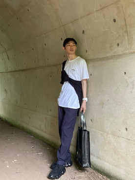 「MHL.（エムエイチエル）のアイテム（帽子）」を使った、kimamaniさん（メンズ・175cm）の夏コーディネート