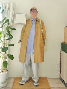 「MAISON SPECIAL（メゾンスペシャル）の《ユニセックスアイテム》ストライプエクストラプライムオーバーショートスリーブシャツ 【MAISON SPECIAL/メゾンスペシャル】（シャツ/ブラウス、ブルー系）」を使った、kimamaniさん（メンズ・175cm）の春コーディネート