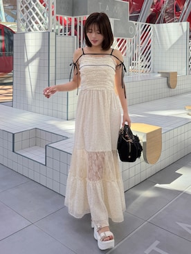 「one after another NICE CLAUP(ワンアフターアナザーナイスクラップ)の配色リボンレース切り替えロングキャミワンピース(ワンピース、ホワイト系)」を使った、まいかさん(レディース・153cm)の夏コーディネート